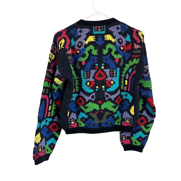 Peruvian Connection Black Multicolor Geometric Artsy Knit Cardigan - Size Medium - Picture 2 of 7